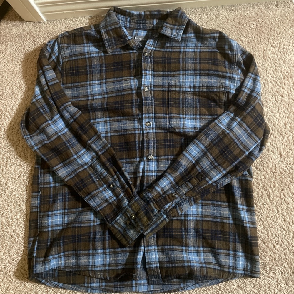 Eddie Bauer Blue and Brown Casual Button Down Shirt